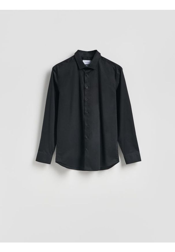 Reserved - Gładka koszula slim fit - czarny. Kolor: czarny. Materiał: tkanina, bawełna. Wzór: gładki