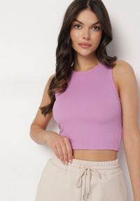 Born2be - Jasnofioletowy Krótki Tank Top z Prążkowanej Tkaniny Nevallia. Kolor: fioletowy. Materiał: tkanina, prążkowany. Długość: krótkie. Sezon: lato. Styl: klasyczny