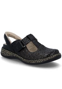 Skórzane sandały damskie ażurowe komfortowe szerokie czarne Rieker 46397-00. Kolor: czarny. Materiał: skóra. Wzór: ażurowy #1