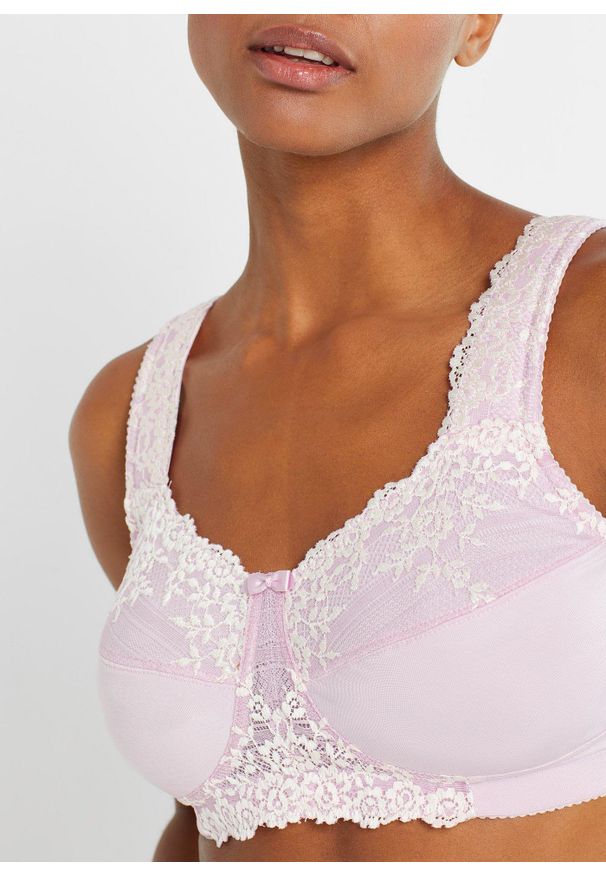 bonprix - Biustonosz odciążający bez fiszbinów z wyściełanymi ramiączkami. Kolor: fioletowy. Materiał: koronka. Wzór: koronka