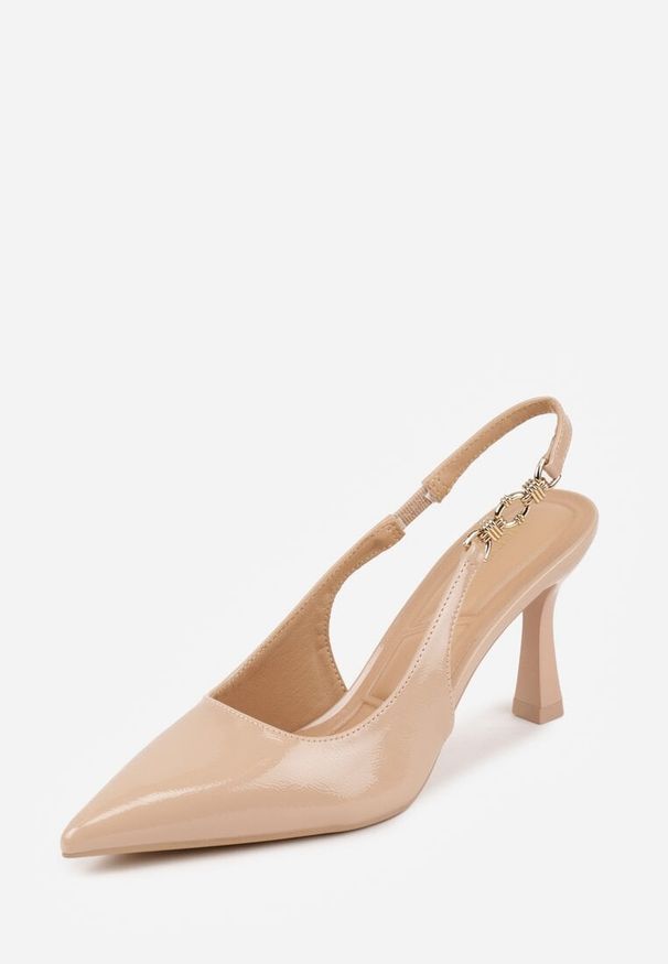 Renee - Ciemnobeżowe Eleganckie Szpilki Slingback VICES z Ozdobną Aplikacją przy Pasku Natera. Zapięcie: pasek. Kolor: beżowy. Wzór: aplikacja. Obcas: na szpilce. Styl: elegancki. Wysokość obcasa: średni