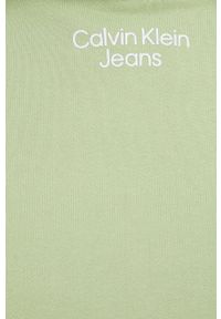 Calvin Klein Jeans bluza damska kolor zielony z kapturem z nadrukiem. Typ kołnierza: kaptur. Kolor: zielony. Materiał: dzianina. Długość rękawa: długi rękaw. Długość: długie. Wzór: nadruk