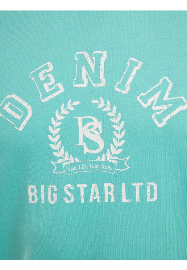 Big-Star - Koszulka męska z nadrukiem turkusowa Bester 302. Okazja: na co dzień. Kolor: turkusowy. Materiał: dzianina, bawełna, jeans. Wzór: nadruk. Styl: wakacyjny, klasyczny, casual