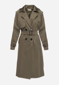 Born2be - Ciemnozielony Długi Płaszcz Trencz o Klasycznym Fasonie z Paskiem Nasde. Okazja: na co dzień. Kolor: zielony. Materiał: jeans. Długość: długie. Styl: klasyczny #4