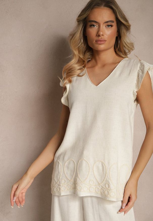 Renee - Beżowa Bluzka z Lnem i Wiskozą z Ozdobnymi Falbanami i Haftem Kalirna. Okazja: na co dzień. Kolor: beżowy. Materiał: wiskoza, len. Długość rękawa: krótki rękaw. Wzór: haft. Styl: elegancki, casual