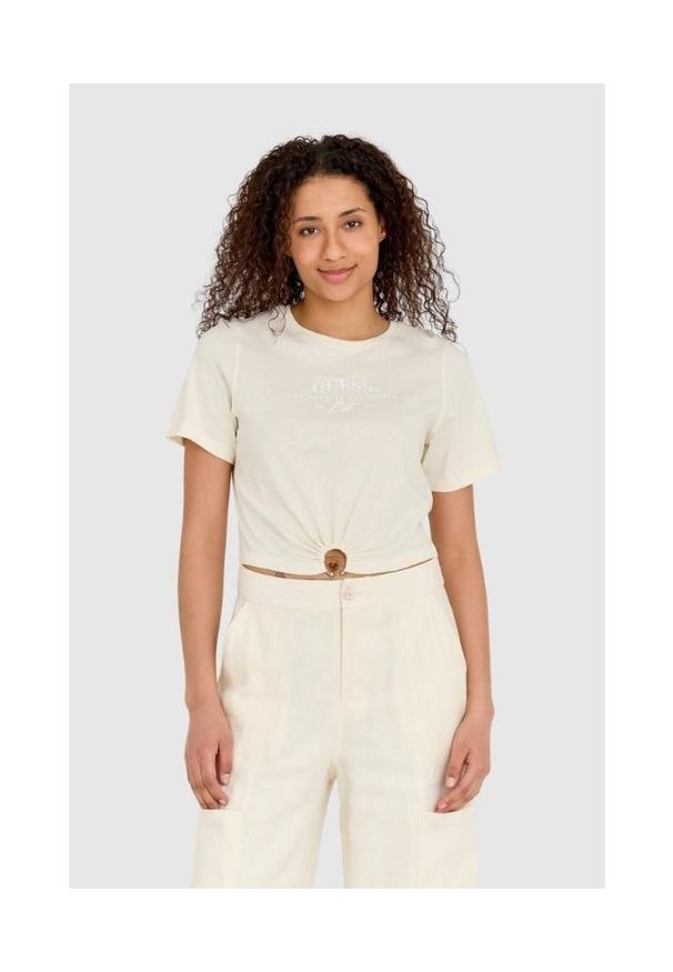 Guess - GUESS Kremowy t-shirt damski cropped fit piercing, Rozmiar L. Kolor: beżowy. Materiał: bawełna