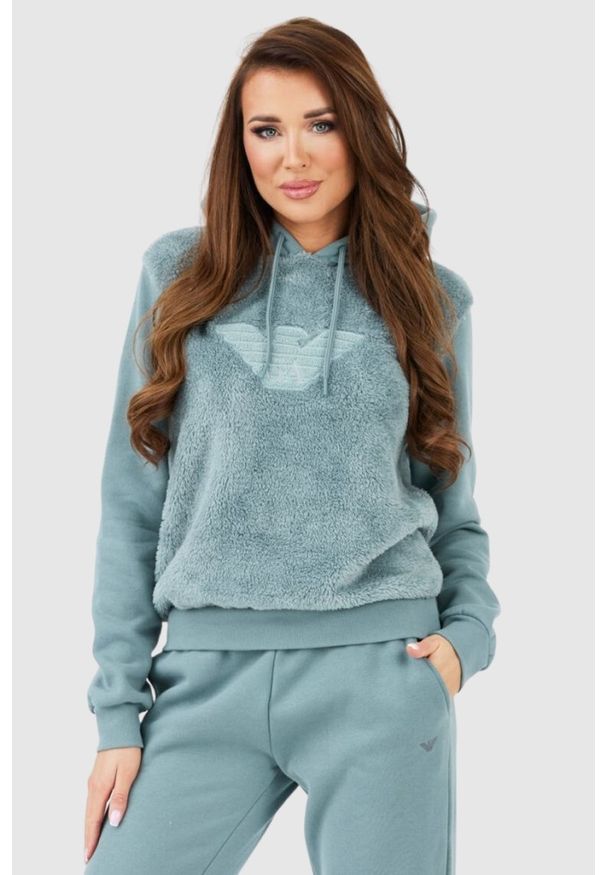 Emporio Armani - EMPORIO ARMANI Zielona pluszowa bluza damska, Rozmiar XS. Kolor: zielony. Materiał: prążkowany, poliester. Wzór: aplikacja