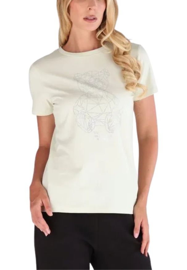 Guess - GUESS Biały damski t-shirt na krótki rękaw z cyrkoniami Romy, Rozmiar S. Okazja: na co dzień. Kolor: biały. Długość rękawa: krótki rękaw. Długość: krótkie. Styl: elegancki, casual