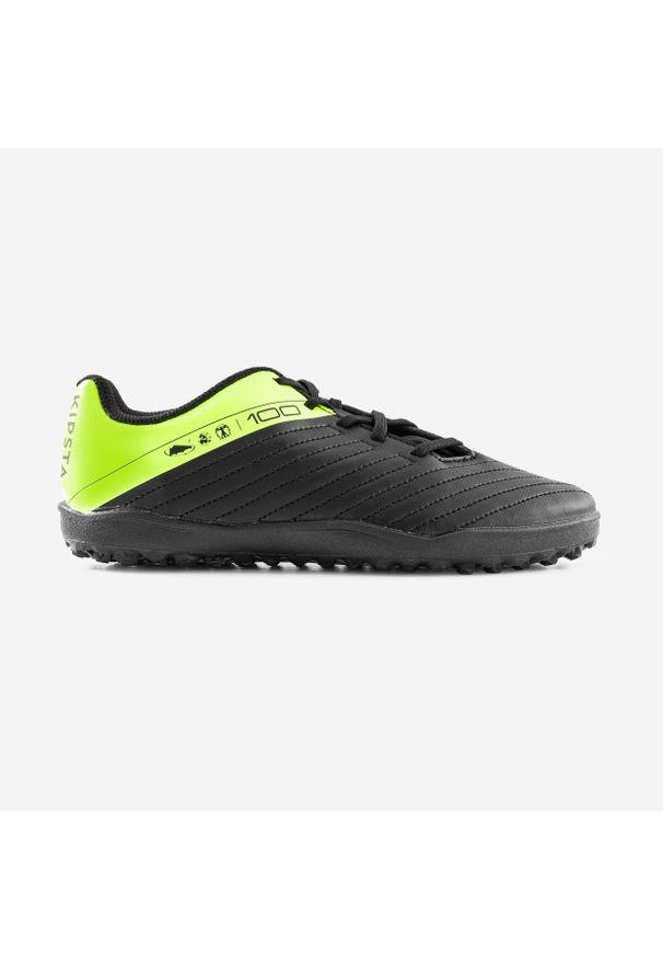 KIPSTA - Buty do piłki nożnej dla dzieci Kipsta 100 Easy Turf TF sznurowane. Kolor: czarny, zielony, wielokolorowy, żółty. Materiał: poliester. Szerokość cholewki: normalna. Sport: piłka nożna