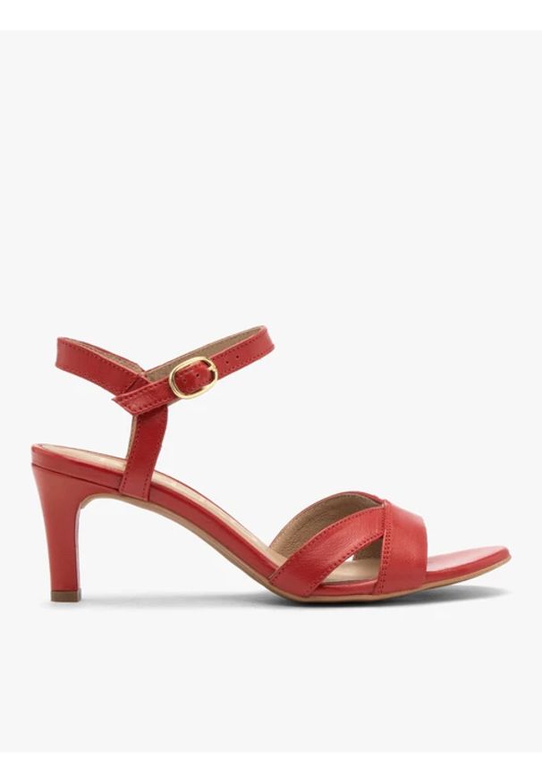 Ryłko - Czerwone sandały damskie na obcasie. Okazja: na co dzień. Zapięcie: sprzączka. Kolor: czerwony. Materiał: skóra. Obcas: na obcasie. Styl: casual, street, elegancki. Wysokość obcasa: średni