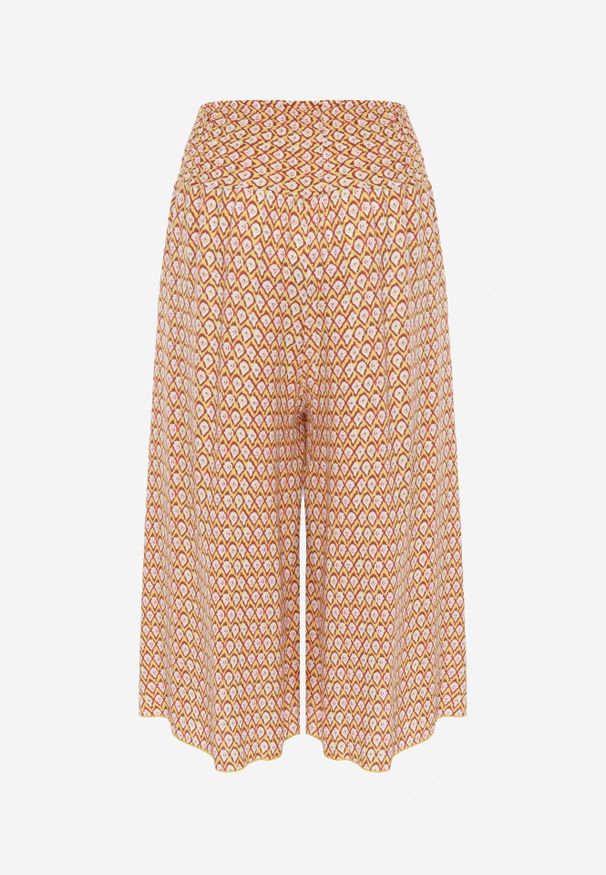 Renee - Żółto-Pomarańczowe Szerokie Spodnie z Wiskozy z Marszczoną Gumką w Talii Mellody. Kolor: żółty. Materiał: wiskoza. Styl: boho