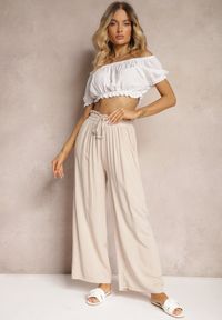 Renee - Jasnobeżowe Spodnie Palazzo High Waist z Bawełny Wykończone Gumką w Talii Nellsea. Okazja: na co dzień. Stan: podwyższony. Kolor: beżowy. Materiał: bawełna. Styl: casual, elegancki