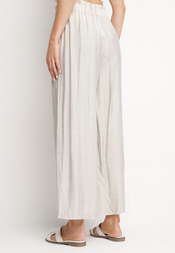 Born2be - Jasnoszare Szerokie Spodnie z Wysokim Stanem Ozdobione Wiązaniem Teliriela. Okazja: na co dzień. Stan: podwyższony. Kolor: szary. Wzór: aplikacja. Styl: casual, klasyczny