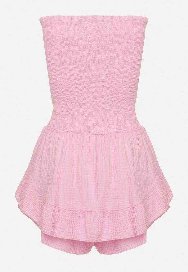 Born2be - Różowy Kombinezon z Bawełny z Elastyczną Gumką w Talii i Falbanką Olialia. Okazja: na spacer. Kolor: różowy. Materiał: bawełna. Sezon: lato