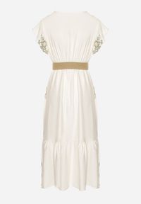 Born2be - Biało-Zielona Wiskozowa Sukienka z Kopertowym Dekoltem i Paskiem Nilazea. Okazja: na co dzień. Kolor: biały. Materiał: wiskoza. Typ sukienki: kopertowe. Styl: boho, elegancki, casual #2