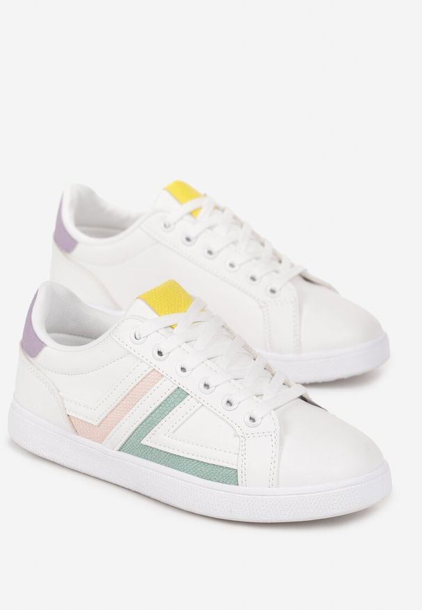 Renee - Biało-Miętowe Sznurowane Sneakersy na Płaskiej Podeszwie z Kolorowymi Wstawkami Karera. Okazja: na co dzień. Kolor: biały. Wzór: kolorowy. Obcas: na płaskiej podeszwie