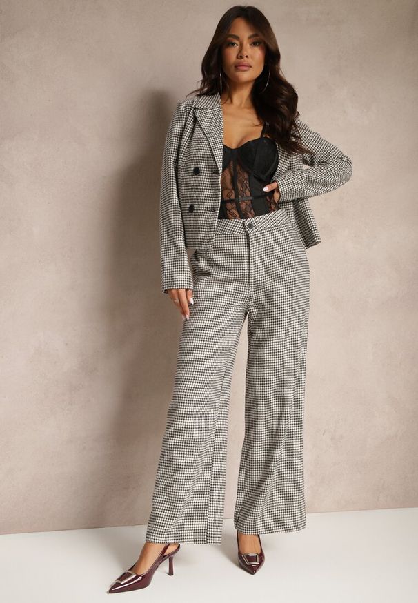 Renee - Czarno-Beżowe Spodnie z Wiskozą High Waist o Szerokim Kroju w Pepitkę Enithra. Okazja: na co dzień. Stan: podwyższony. Kolor: czarny. Materiał: wiskoza. Styl: klasyczny, casual, elegancki