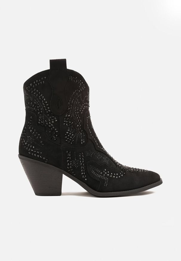 Renee - Czarne Kowbojki Botki Ozdobione Cyrkoniami na Stożkowym Słupku Tulmira. Nosek buta: szpiczasty. Zapięcie: zamek. Kolor: czarny. Wzór: aplikacja. Obcas: na słupku. Styl: elegancki