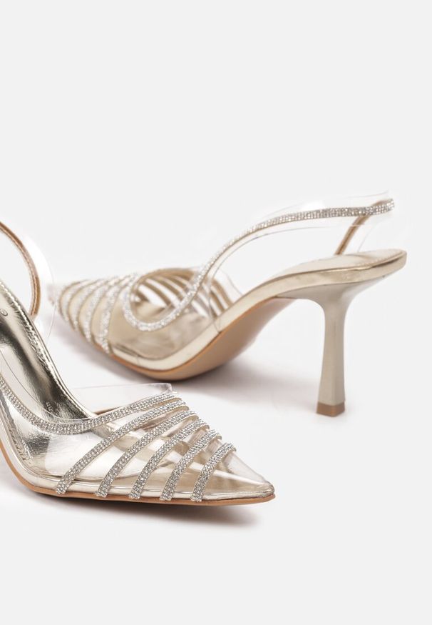 Renee - Złote Szpilki z Transparentnym Noskiem z Cyrkoniami Arrsela. Okazja: na co dzień. Kolor: złoty. Materiał: jeans. Wzór: aplikacja. Obcas: na szpilce. Styl: elegancki, casual. Wysokość obcasa: wysoki