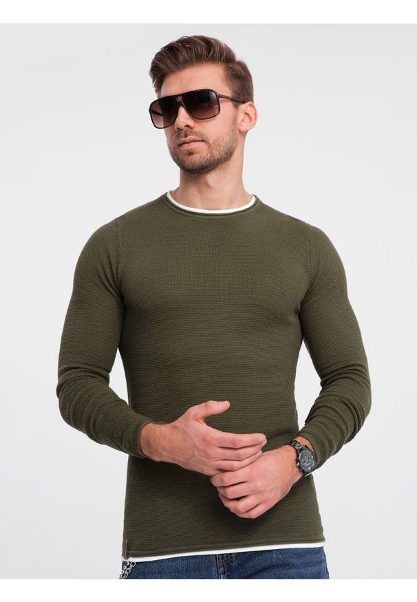 Ombre Clothing - Bawełniany sweter męski z okrągłym dekoltem - ciemnooliwkowy V7 OM-SWSW-0103 - XXL. Kolor: oliwkowy. Materiał: bawełna. Styl: klasyczny