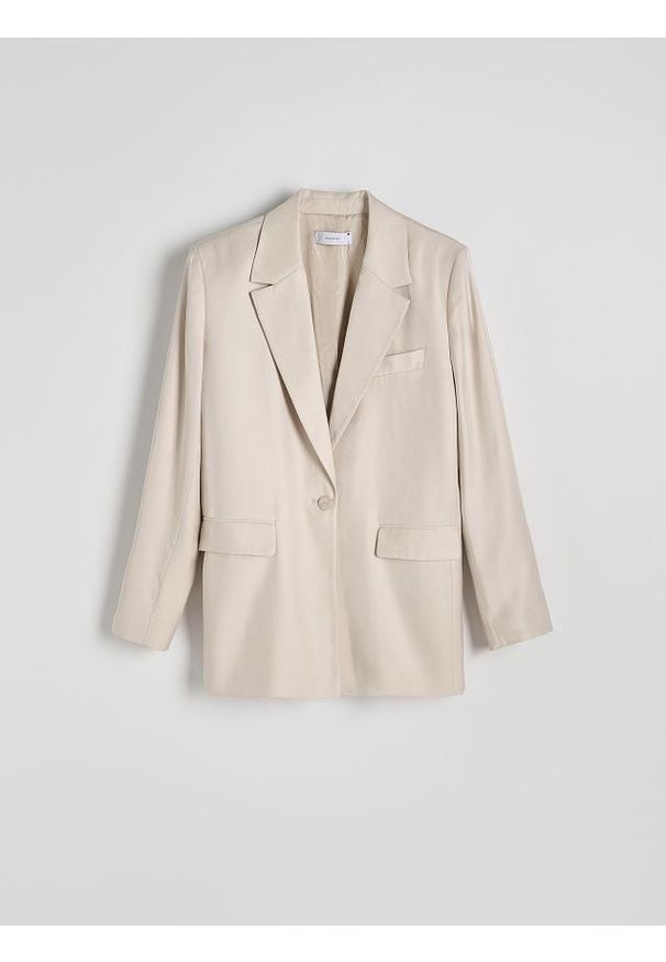 Reserved - Błyszcząca marynarka oversize - beżowy. Kolor: beżowy. Materiał: wiskoza, tkanina