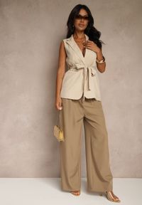 Renee - Brązowe Spodnie o Szerokim Kroju High Waist Dolarenna. Okazja: na co dzień. Stan: podwyższony. Kolor: brązowy. Styl: elegancki, casual