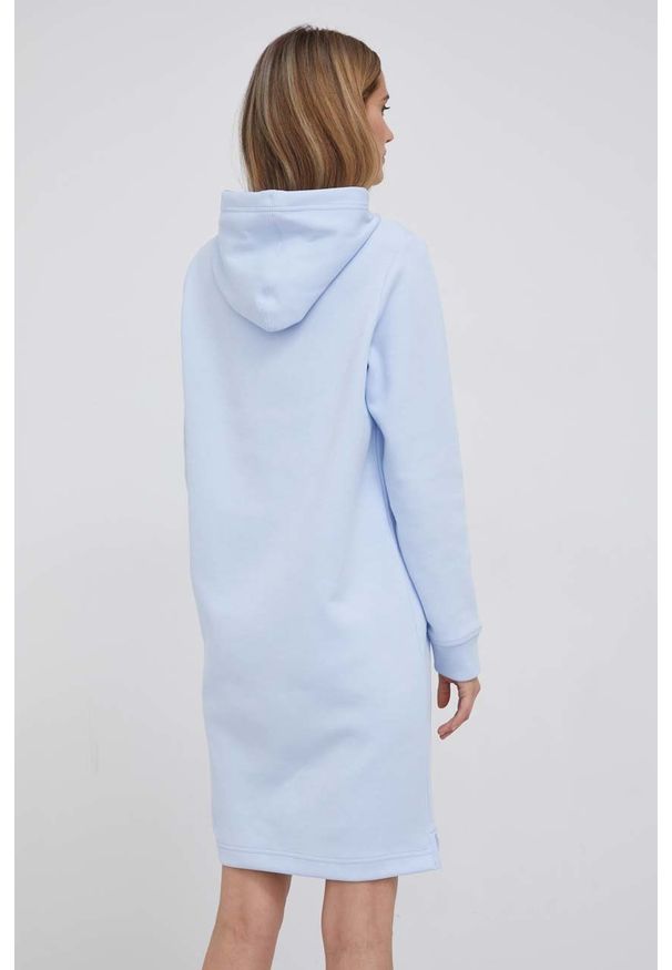 Calvin Klein Sukienka mini prosta. Okazja: na co dzień. Typ kołnierza: kaptur. Kolor: niebieski. Materiał: dzianina. Długość rękawa: długi rękaw. Typ sukienki: proste. Styl: casual. Długość: mini