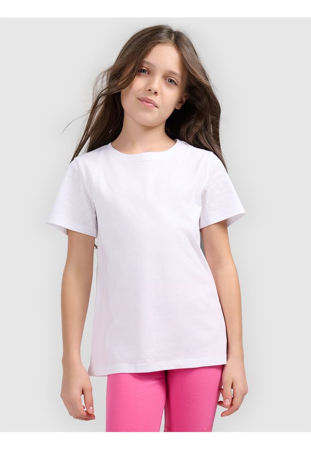 4f - 4F T-shirt gładki dziewczęcy - biały 158 (12-13 lat). Okazja: na co dzień. Kolor: biały. Materiał: jersey, bawełna, dzianina. Długość rękawa: krótki rękaw. Długość: krótkie. Wzór: gładki. Sezon: lato. Styl: sportowy, klasyczny, casual