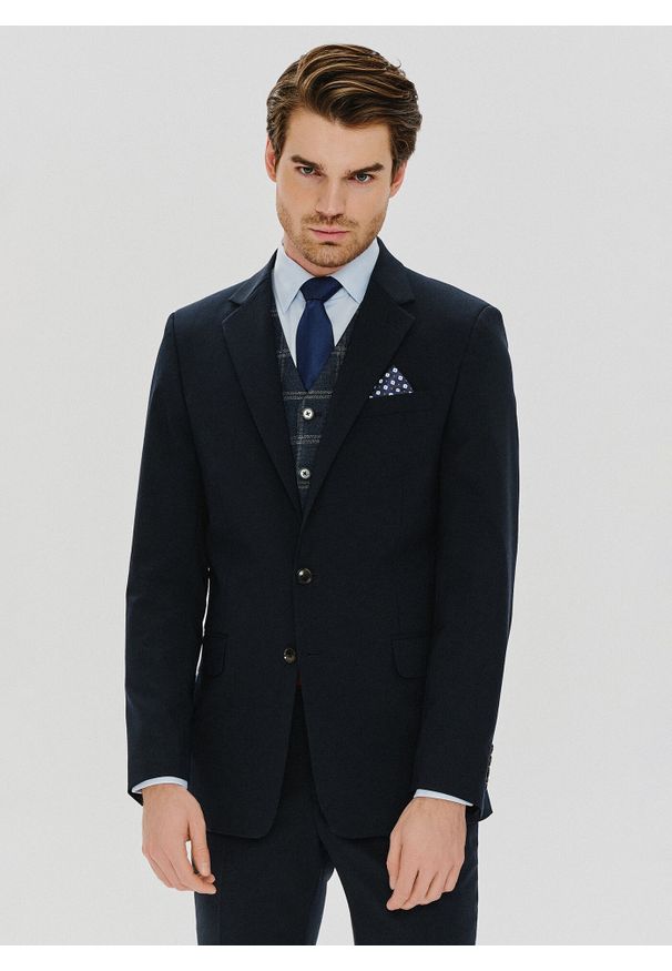 Pako Lorente - PAKO LORENTE – Gładka granatowa marynarka garniturowa. Kolor: niebieski. Materiał: poliester, wełna, elastan. Wzór: gładki. Styl: klasyczny