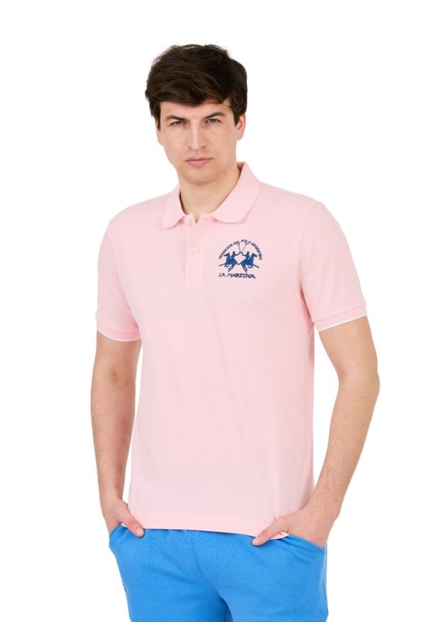 La Martina - LA MARTINA Różowe męskie polo z dużym logo, Rozmiar XL. Typ kołnierza: polo. Kolor: różowy
