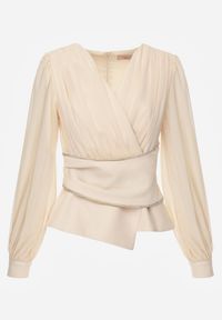Renee - Beżowa Bluzka VICES w Kopertowym Stylu z Luźnymi Transparentnymi Rękawami i Dekoltem V Inge. Okazja: na co dzień, na komunię. Kolor: beżowy. Materiał: jeans. Styl: casual, elegancki #8