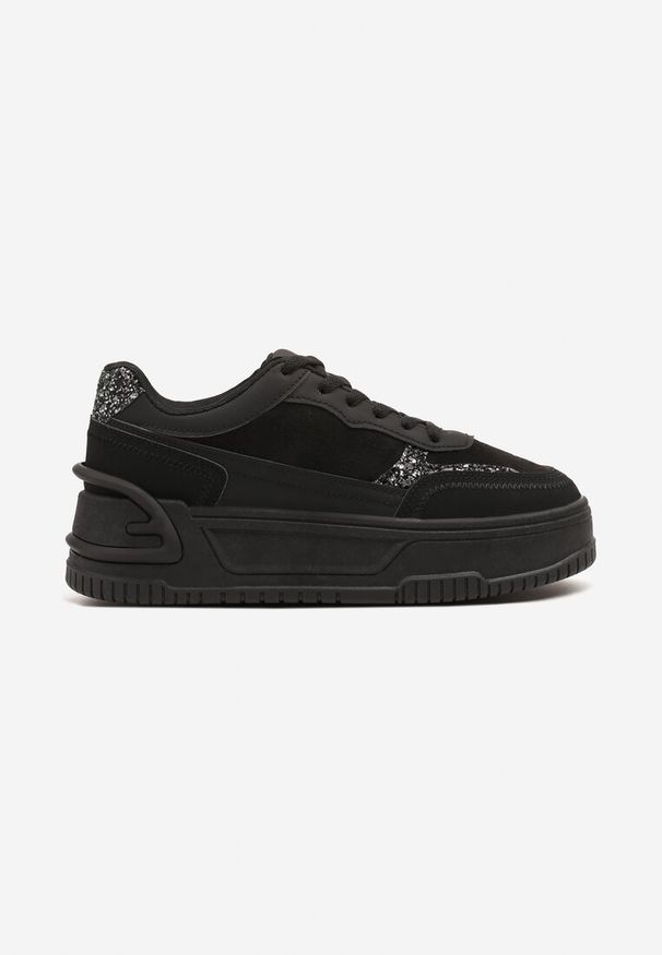 Renee - Czarne Sneakersy na Tłoczonej Platformie Ozdobione Wzorem w Panterkę Deoranae. Okazja: na co dzień. Kolor: czarny. Materiał: jeans. Wzór: aplikacja, motyw zwierzęcy. Sezon: jesień, wiosna. Obcas: na platformie