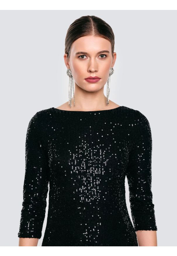 Big-Star - Sukienka damska midi cekinowa z rękawem 3/4 czarna Alex 906. Okazja: na imprezę. Kolor: czarny. Długość: midi