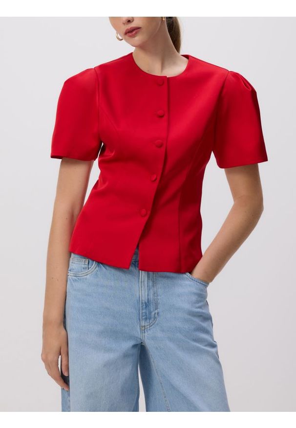 Reserved - Bluzka z bufkami - czerwony. Kolor: czerwony. Materiał: tkanina