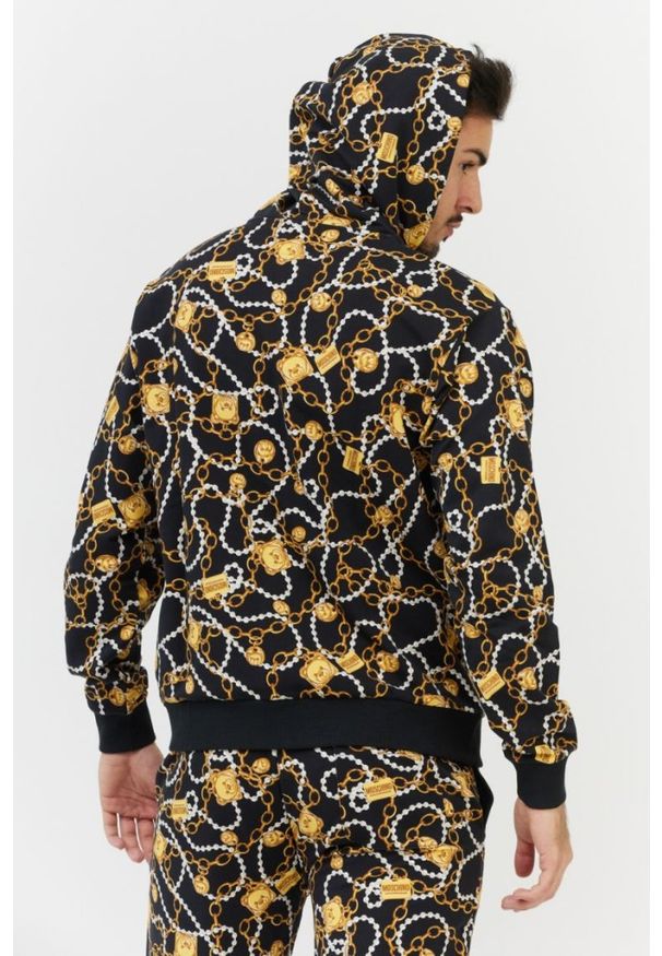 MOSCHINO Rozpinana bluza męska w złote łańcuchy, Rozmiar S. Typ kołnierza: kaptur. Kolor: czarny. Materiał: prążkowany