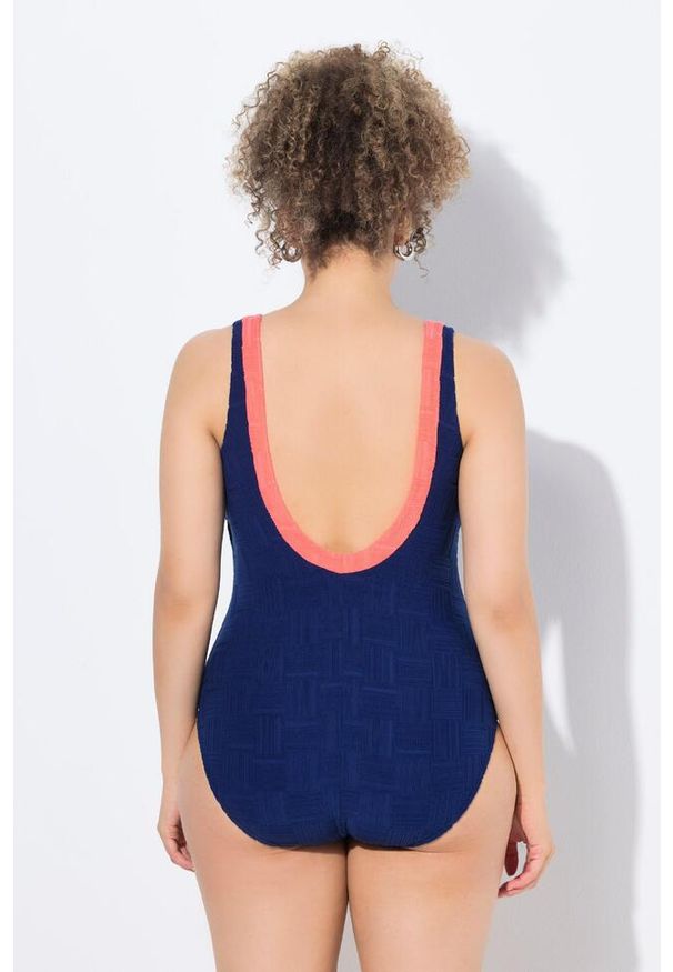 ULLA POPKEN - Damski Strój kąpielowy struktura bez miękkich miseczek dekolt w serek. Kolekcja: plus size. Kolor: niebieski. Materiał: elastan, poliester, materiał