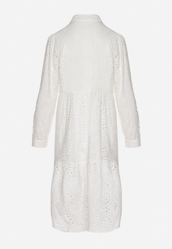 Born2be - Biała Bawełniana Sukienka Ażurowa o Koszulowym Kroju Ridivania. Okazja: na co dzień, na spacer. Typ kołnierza: kołnierzyk klasyczny. Kolor: biały. Materiał: bawełna. Długość rękawa: długi rękaw. Wzór: ażurowy. Typ sukienki: koszulowe. Styl: casual, klasyczny, elegancki