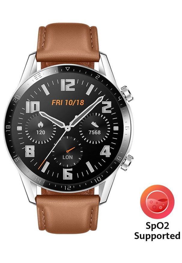 HUAWEI - Huawei smartwatch Watch GT 2, brązowy, skóra. Rodzaj zegarka: smartwatch. Kolor: brązowy. Materiał: skóra. Styl: elegancki, sportowy