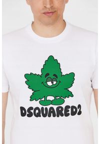 DSQUARED2 Męski biały t-shirt z zielonym liściem, Rozmiar M. Kolor: biały. Wzór: nadruk #4