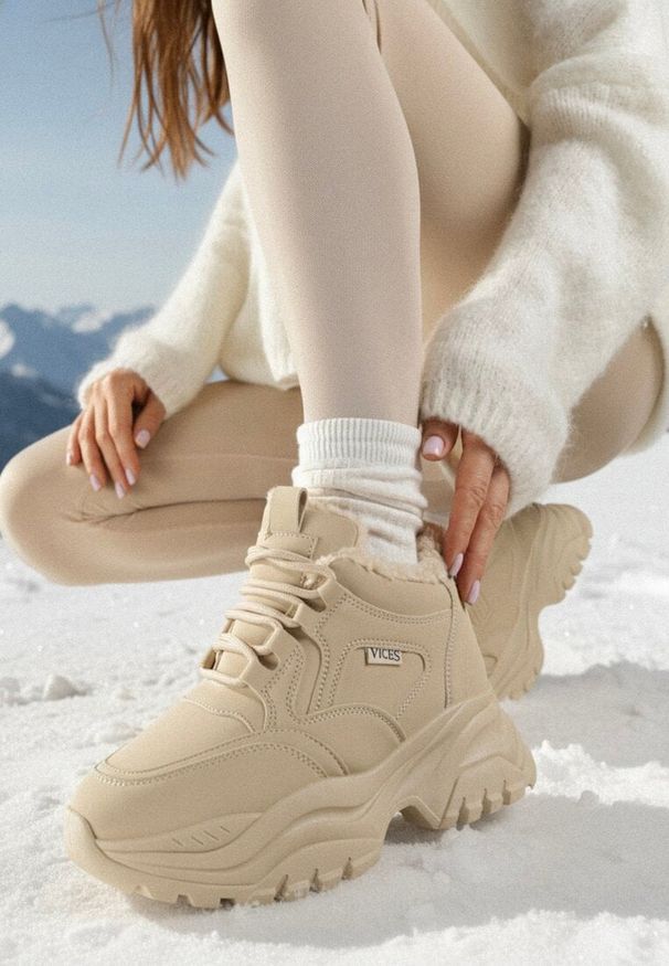 Born2be - Ciemnobeżowe Sneakersy Vices w Stylu Traperków Chunky na Grubej Podeszwie Leandre. Okazja: na co dzień. Kolor: beżowy. Materiał: jeans