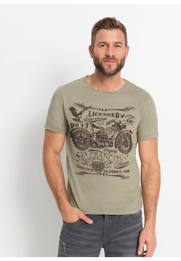 bonprix - T-shirt z czystej bawełny. Okazja: na co dzień. Kolor: zielony, beżowy. Materiał: bawełna. Wzór: nadruk. Styl: casual