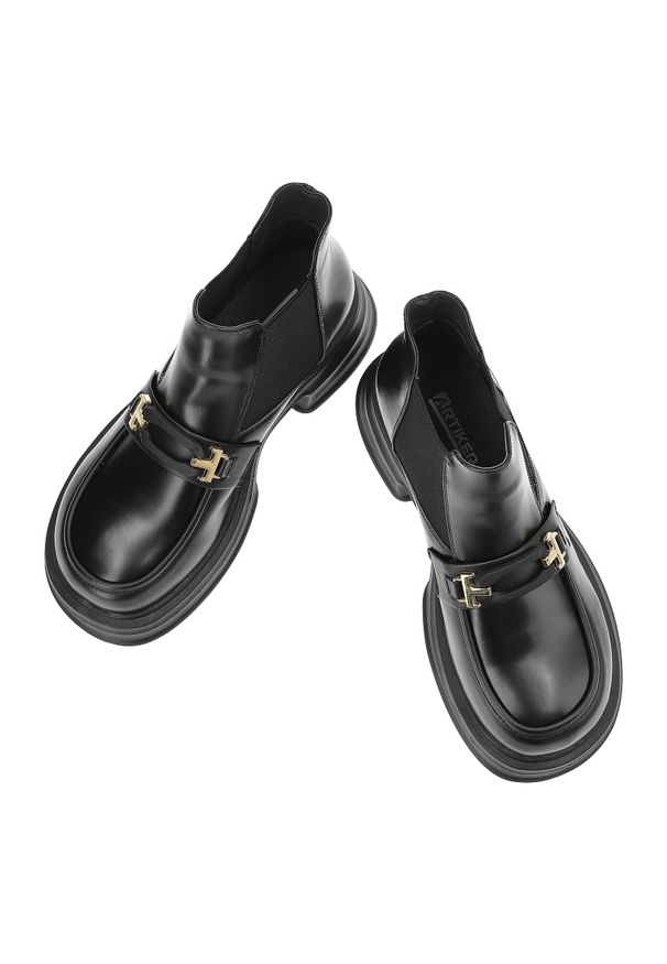 Czarne Botki Artiker Modne Wsuwane Obuwie Damskie. Zapięcie: bez zapięcia. Kolor: czarny. Materiał: skóra. Styl: klasyczny