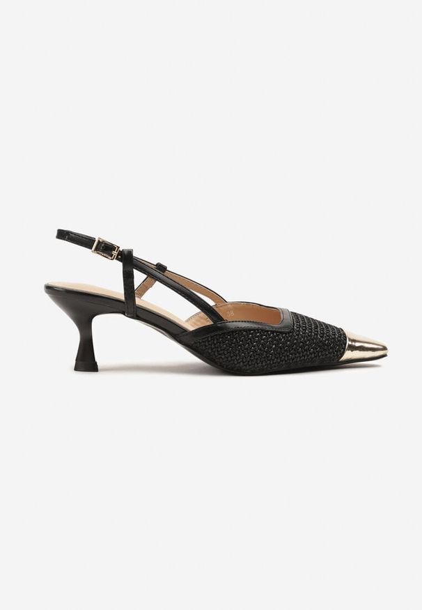 Renee - Czarne Sandały na Kaczuszce Slingback z Plecionką i Metalicznym Noskiem Ldivaria. Okazja: na co dzień, na imprezę. Kolor: czarny. Wzór: aplikacja. Obcas: na szpilce. Styl: elegancki, casual. Wysokość obcasa: średni