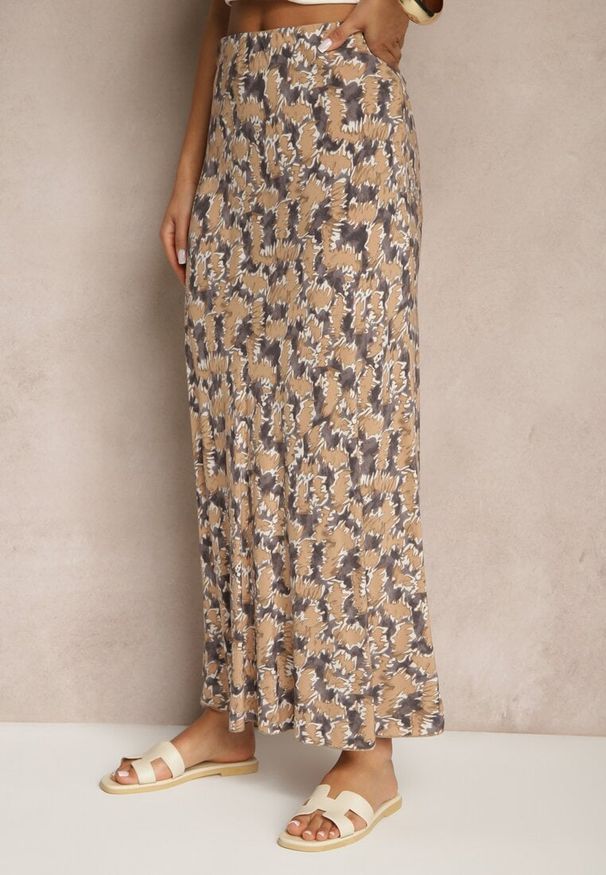 Renee - Szaro-Beżowa Rozkloszowana Spódnica z Wiskozy High Waist Fevanice. Okazja: na co dzień. Stan: podwyższony. Kolor: szary. Materiał: wiskoza. Styl: casual, elegancki