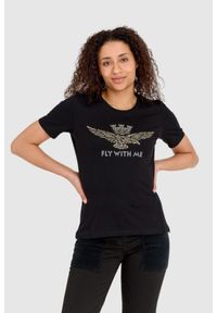 Aeronautica Militare - AERONAUTICA MILITARE Czarny bawełniany t-shirt damski z orłem wykonanym z dżetów, Rozmiar XS. Kolor: czarny. Materiał: bawełna