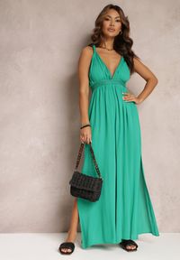 Renee - Zielony Kombinezon bez Rękawów z Gumką w Talii z Wiskozy i Lnu Nehir. Kolor: zielony. Materiał: wiskoza, len. Długość rękawa: bez rękawów. Wzór: aplikacja. Sezon: wiosna, lato #4