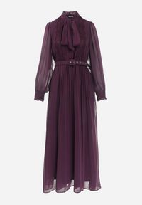 Born2be - Ciemnofioletowa Rozkloszowana Sukienka Maxi z Plisowanym Dołem i Paskiem Brofilla. Okazja: na co dzień. Kolor: fioletowy. Materiał: poliester. Wzór: aplikacja. Styl: klasyczny, casual. Długość: maxi #7