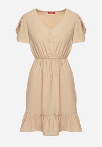 Born2be - Beżowa Rozkloszowana Sukienka z Gumką w Talii i Falbanką Welimia. Kolor: beżowy #7