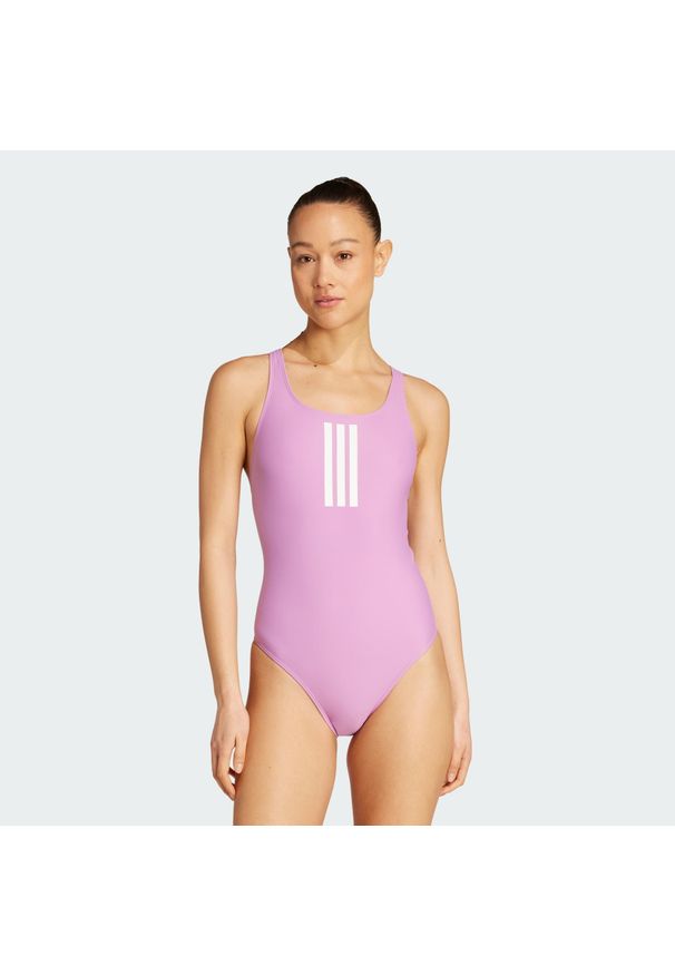 Adidas - Strój do pływania 3-Stripes V-Back. Kolor: fioletowy, wielokolorowy, biały. Materiał: materiał