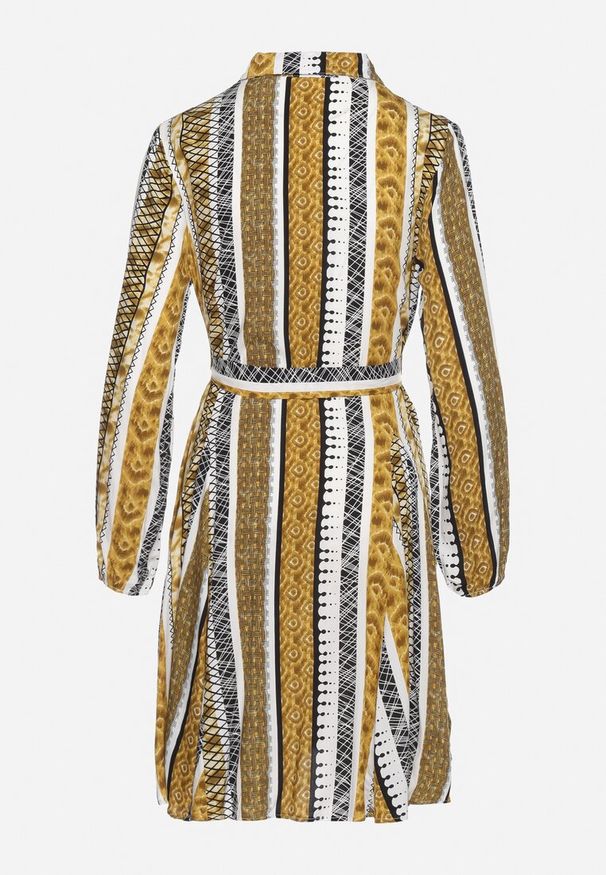 Born2be - Żółta Sukienka Koszulowa z Wiskozy Rozkloszowana z Materiałowym Paskiem Sigina. Okazja: do pracy. Kolor: żółty. Materiał: wiskoza, materiał. Długość rękawa: długi rękaw. Typ sukienki: koszulowe